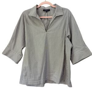 LAFAYETTE 148 Popover Top Medium Charcoal Black Stripe Stretch Cotton Poplin
